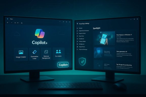 Two curved monitors display Copilot+ UI on the left and a Spotlight-style settings panel on the right.