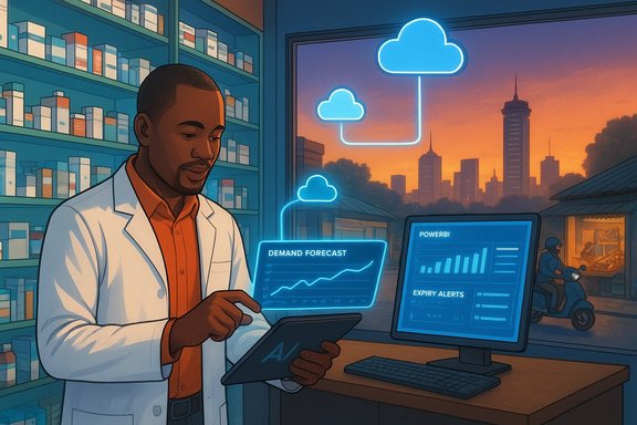 Pharmacist uses tablet and monitor to track cloud-based demand forecasts in a pharmacy at sunset.