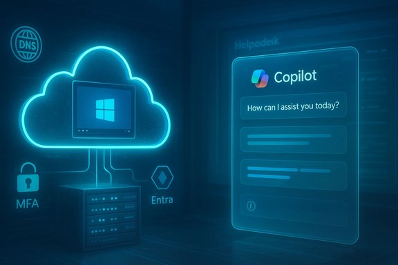 Neon cloud computing scene featuring Windows PC, servers, MFA, Entra, and Copilot.