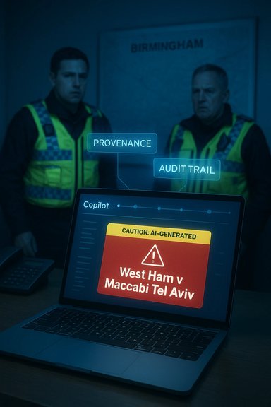 Two security officers study a holographic AI-generated screen showing West Ham vs Maccabi Tel Aviv.