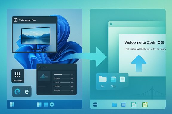 Split-screen illustration of apps migrating to Zorin OS with a welcome wizard.