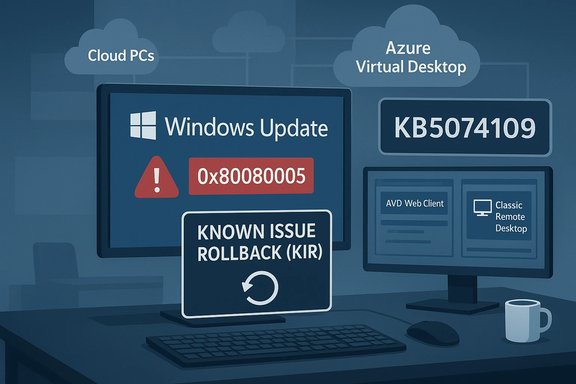 Windows Update error 0x80080005 with Known Issue Rollback (KIR) shown alongside cloud services.