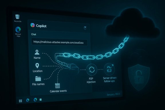 Neon blue chain wraps around a computer screen displaying Copilot chat and data access icons.