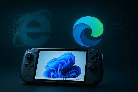 MSI handheld gaming console with Windows UI, against a neon Edge logo and Intel Core Ultra backdrop.