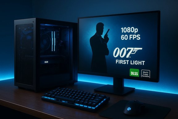 Blue-lit gaming setup with a PC tower, glowing keyboard, and monitor featuring 007: First Light.