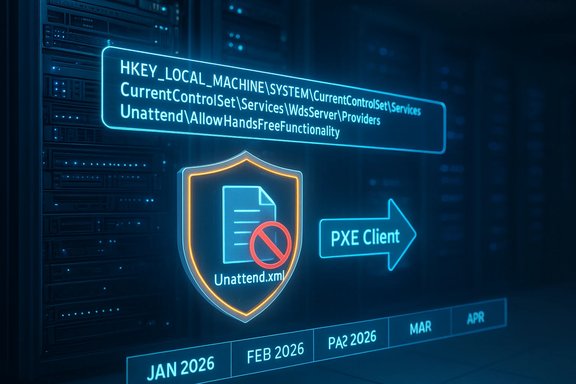 Neon blue server rack display showing Unattend.xml shield, registry path, and PXE Client.