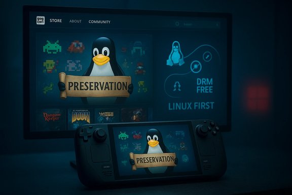 Penguin holds a PRESERVATION sign on a monitor and handheld game console, promoting Linux-first, DRM-free.
