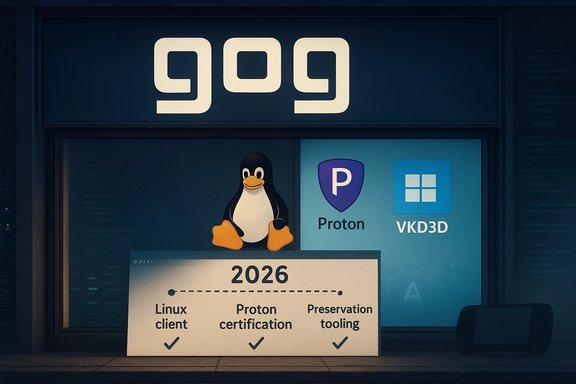 A storefront window features the Linux penguin beside Proton and VKD3D logos with a 2026 project timeline.