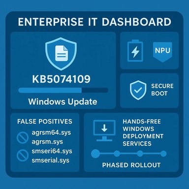 Blue enterprise IT dashboard showing Windows Update status (KB5074109) with security badges and deployment metrics.