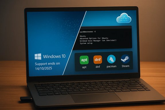 Laptop displaying Windows 10 desktop with an end-of-support notice and Linux package icons.