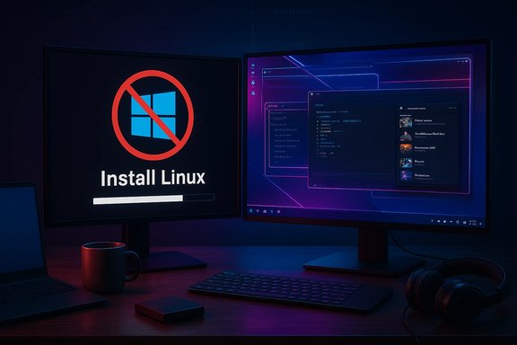 Two-monitor setup: left screen shows “Install Linux” with a crossed-out Windows logo; right screen glows with a neon, futuristic desktop.