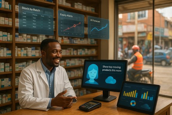 Pharmacist sits at a desk with digital dashboards showing stock, expiry alerts, and AI forecasts. Pharmacist sits at a desk with digital dashboards showing stock, expiry alerts, and AI forecasts.
