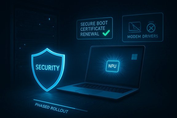 Futuristic cybersecurity scene with a glowing shield labeled SECURITY and a laptop featuring an NPU.