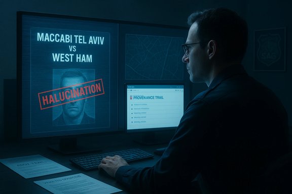 A man reviews a blue-toned monitor showing a Maccabi Tel Aviv vs West Ham poster stamped HALUCINATION.