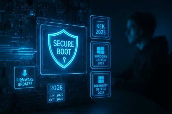 Blue holographic UI floating over a circuit board shows Secure Boot and firmware security.