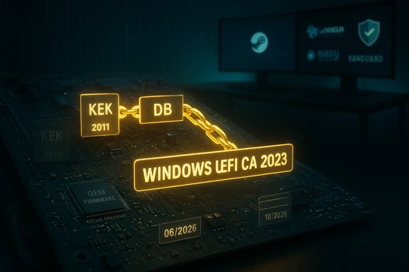Glowing security tags linked on a motherboard, labeled Windows UEFI CA 2023.
