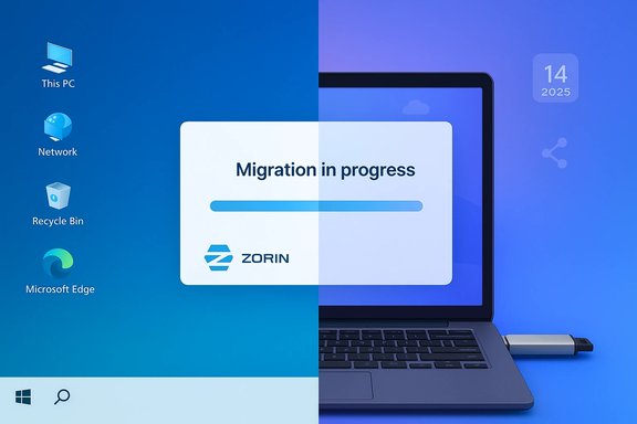 Migration in progress: Windows desktop on the left, moving to Zorin OS on the right.