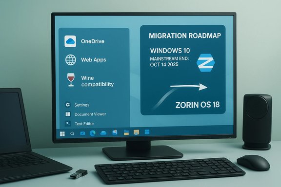A monitor on a clean desk displays a Windows 10 to Zorin OS 18 migration roadmap.