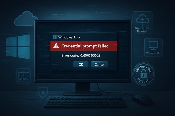 Windows error dialog: Credential prompt failed, error code 0x80080005 on a dark blue desktop.