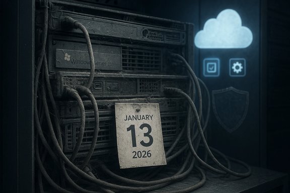 Dusty server rack with tangled cables and a January 13, 2026 tag.