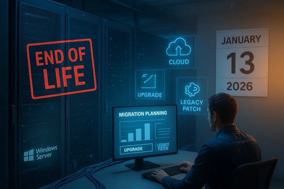 Technician in a server room plans migration, with an End of Life stamp and cloud icons.