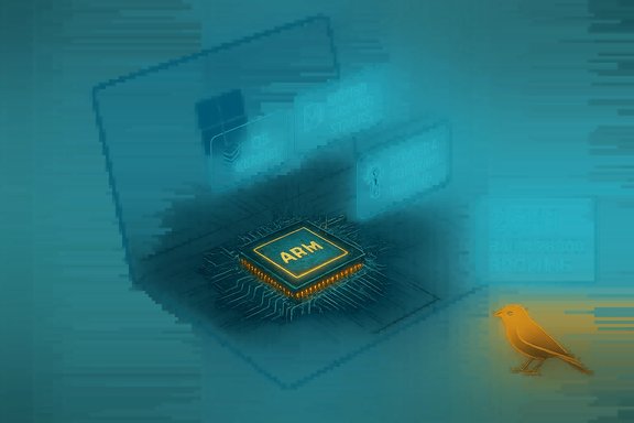 Glowing APM chip surrounded by blue holographic panels and a yellow canary.