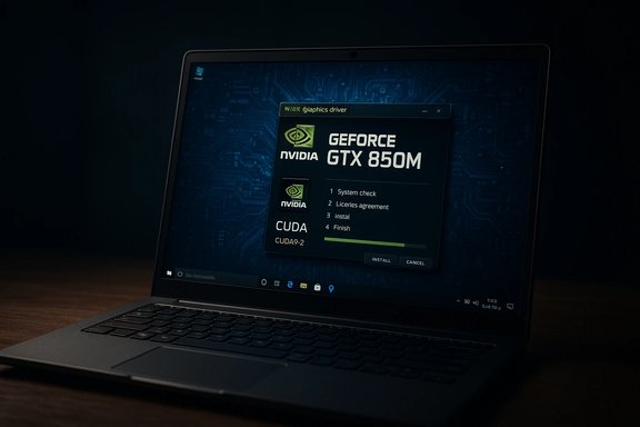 Laptop screen shows NVIDIA GeForce GTX 850M driver installation progress.
