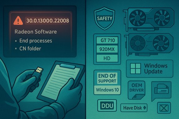A person holds a USB drive and tablet showing Radeon Software notes beside GPU cards and update icons.