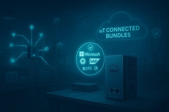 Dell server on a desk in a futuristic blue data center, showcasing IoT connected bundles with Microsoft and SAP logos.