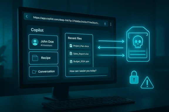 Glowing Copilot UI on a monitor, showing recent files and secure data transfer icons.