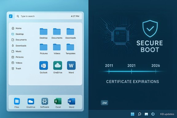 Split-screen UI: left shows a blue desktop with folders; right shows a Secure Boot certificate timeline.