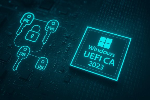Illustration of Windows UEFI Secure Boot keys (PK, KEK, DB) on a circuit board.