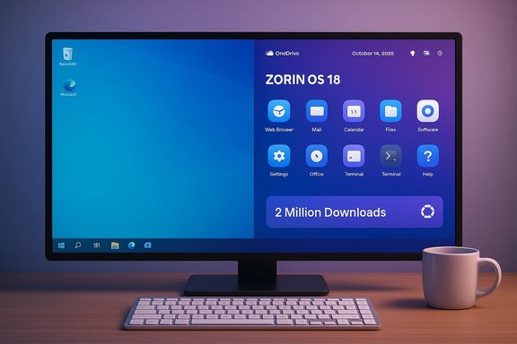 Desk setup featuring a monitor running Zorin OS 18 on the right, with a keyboard and mug on the desk.