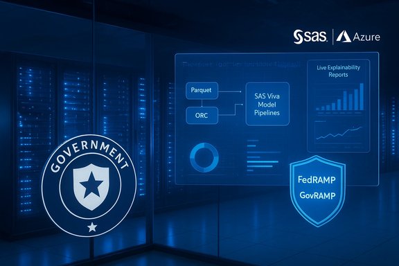Blue data-center scene with SAS/Azure logos, a data-pipeline diagram, and FedRAMP/GovRAMP shield.