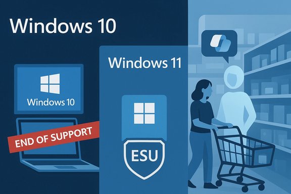 Windows 10 end-of-support banner with Windows 11 ESU shield in a blue store scene.