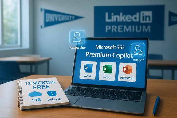 Laptop shows Microsoft 365 Premium Copilot with Word, Excel, PowerPoint icons in a classroom.