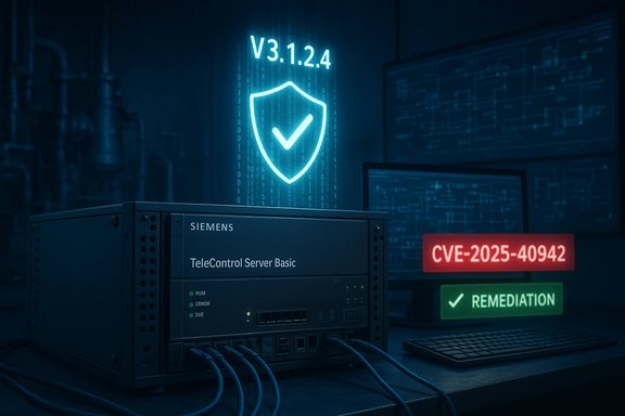 Siemens TeleControl Server Basic in a security lab with a glowing shield and remediation alert.