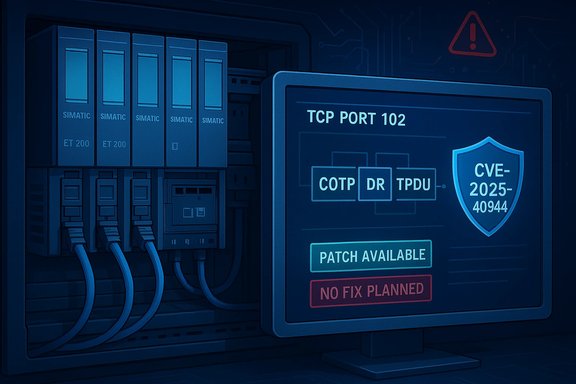 Blue-toned server rack shows a TCP port 102 warning with CVE-2025-40944 and patch available.