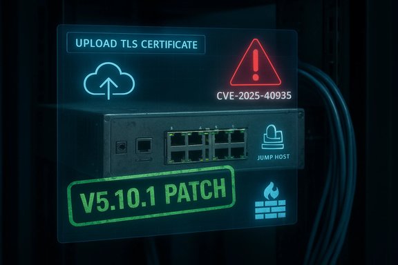 Neon server panel with TLS upload prompt, CVE-2025-40935 warning, and V5.10.1 patch tag.