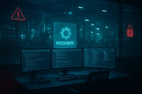 Three-monitor workstation in a secure data center, featuring a holographic PATCH NOTE and lock icons.