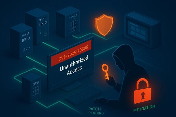 Hacker with a key targets a network; CVE-2025-40805 unauthorized access, patch pending.