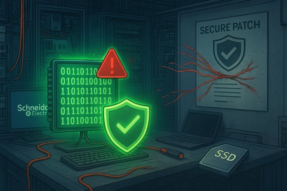 Green-glowing shield with a check guards a binary monitor beside a red warning triangle.