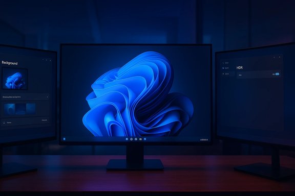 Three-monitor setup with blue abstract wallpaper and HDR settings in a dark blue glow.