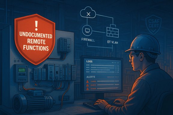 A technician monitors logs on a screen as a red shield warns of undocumented remote functions.