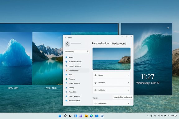 Windows 11 desktop with a Background settings panel over an ocean wallpaper.