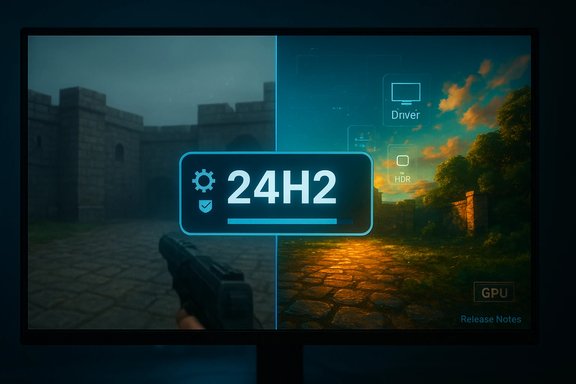 Monitor showing Windows 24H2 release notes overlay on a split-screen game scene.