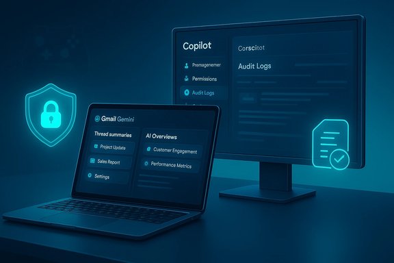 A futuristic setup with laptop and monitor showing secure AI-powered dashboards. A futuristic setup with laptop and monitor showing secure AI-powered dashboards.
