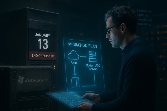 IT professional reviews a migration plan from Windows Server 2003 to Azure and modern LTSC servers. IT professional reviews a migration plan from Windows Server 2003 to Azure and modern LTSC servers.