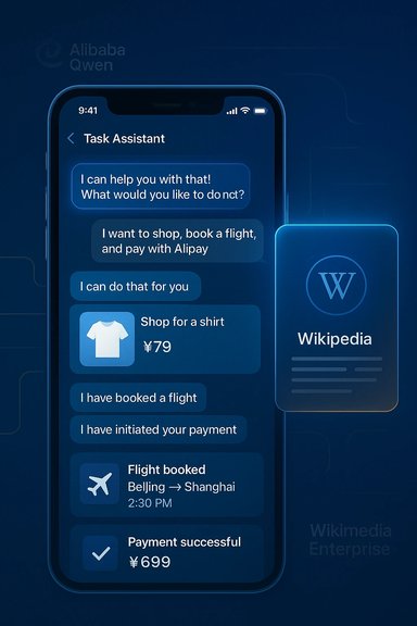 Alibaba Qwen task assistant on a phone guiding shopping, flight booking, and Alipay payment.