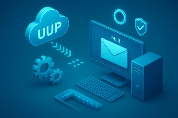 Blue isometric cloud and IT setup with mail on a monitor, server, gears, and a security shield.